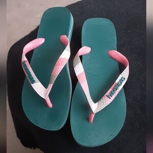 Havaianas Teal Footbed with Pink and Silver Strap Flip Flops